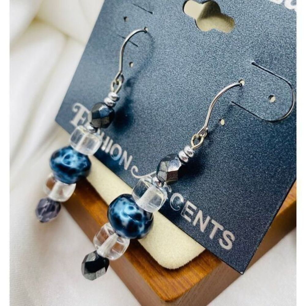 Silver toned blue beaded dainty dangle fish hook earrings